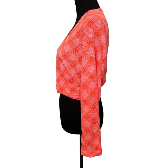 New BP. BP NORDSTROM ~ Pink-/Red Ian Bias Plaid Surplice V-neck Crop Top Size S - Picture 6 of 8